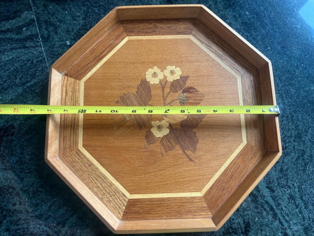 Vintage Strawberry Marquetry Wood Tray, 14” Octagonal
