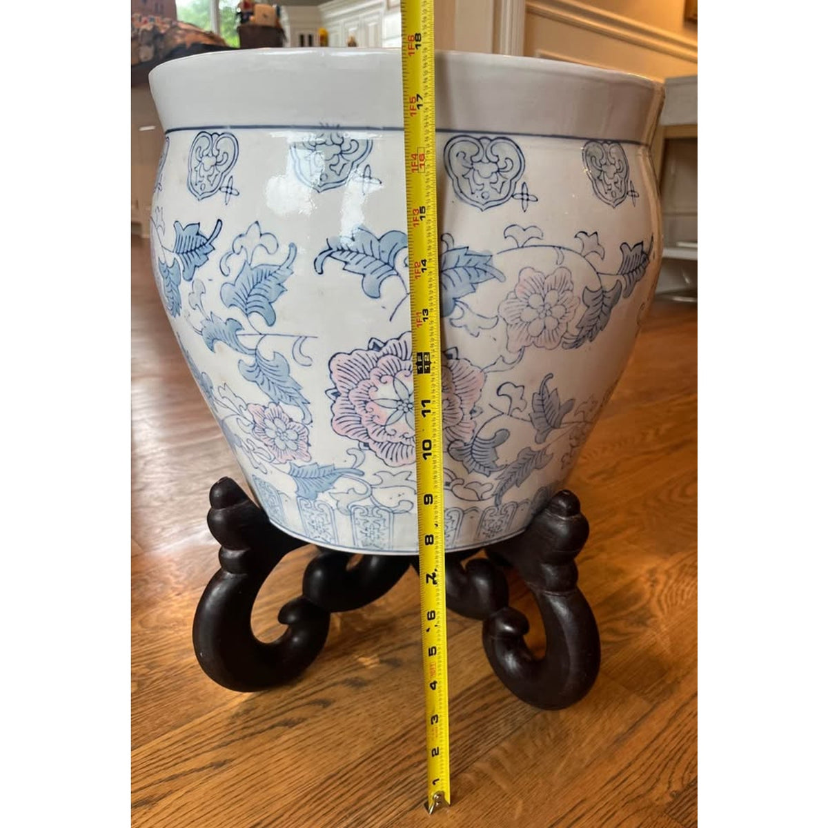 VERY LARGE Blue & White Chinoiserie Fishbowl Planter with Wood Stand