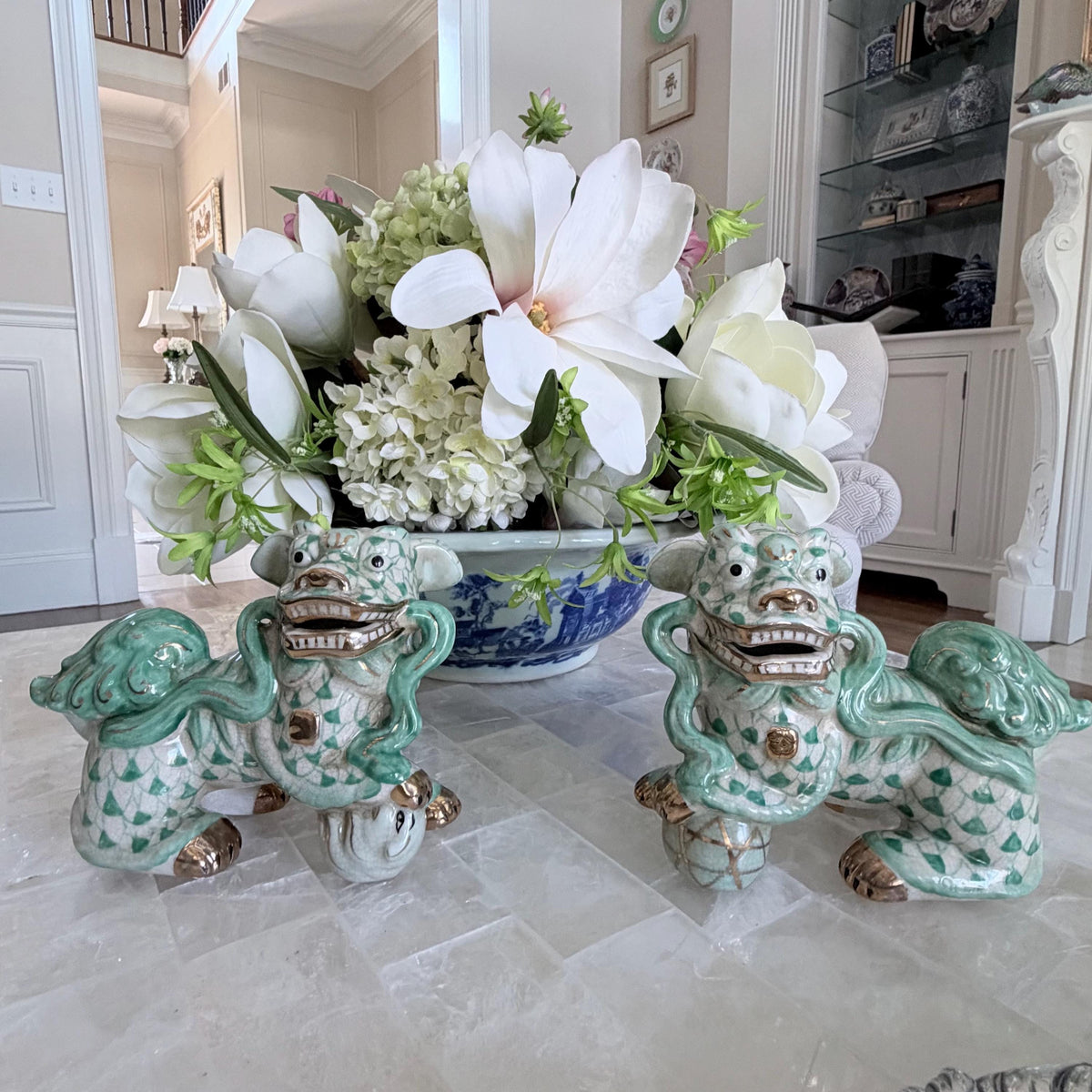 Teal and White Fishnet Fishscale Chinese Porcelain Foo Dog Figurine Pair Bookends