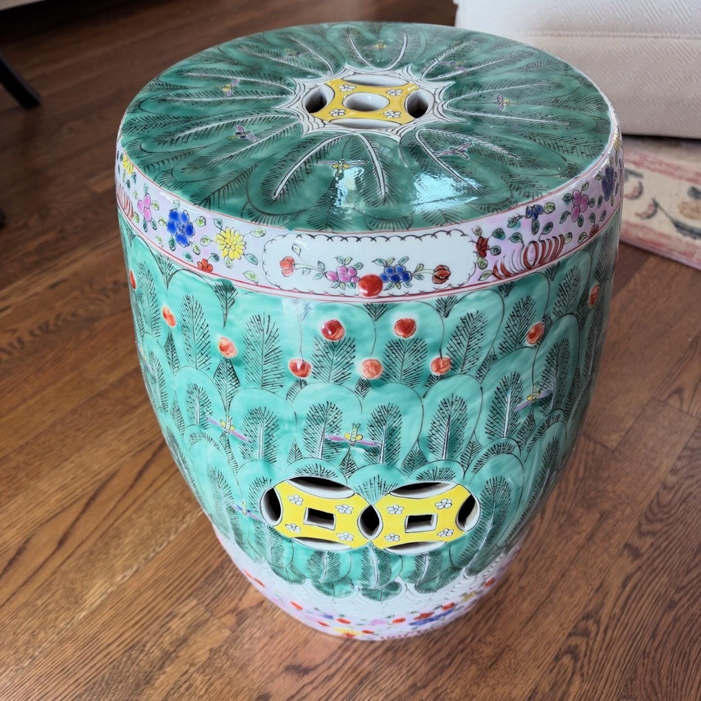 Chinese Famille Verte Bok Choy Garden Drum Stool with Coin Motif