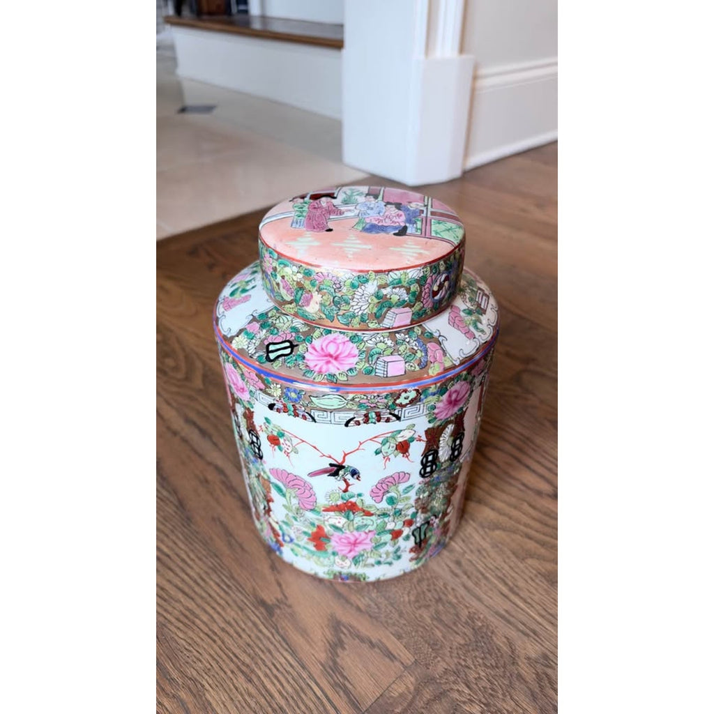 Vintage Chinese Rose Medallion Lidded Porcelain Ginger Jar – 10”