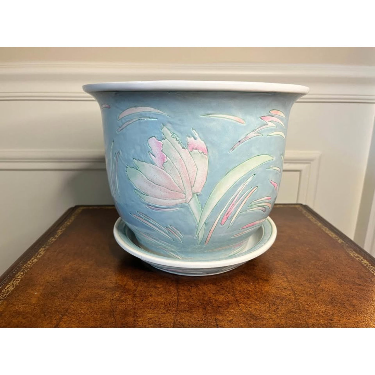 Vintage Pastel Blue Floral Ceramic Planter with Saucer