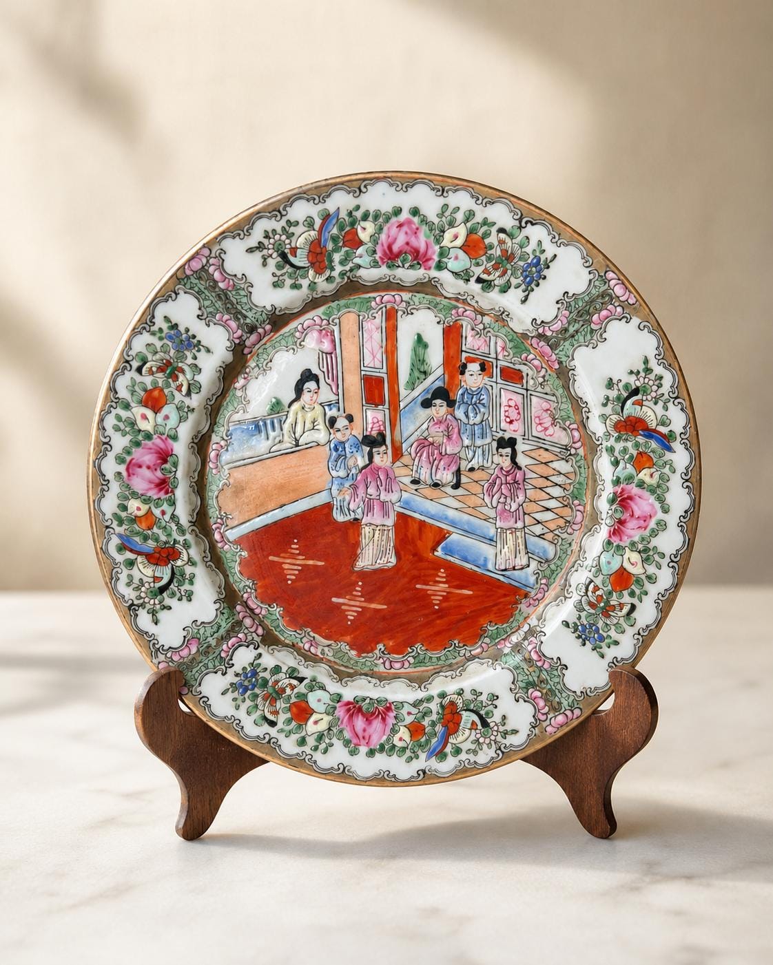 Vintage Chinese Famille Rose Court Scene Porcelain Plate, 10.5”