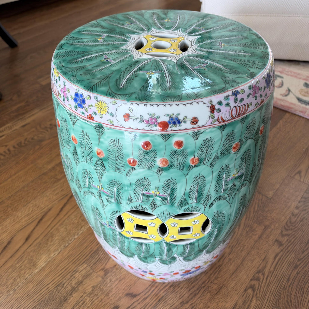 Chinese Famille Verte Bok Choy Garden Drum Stool with Coin Motif