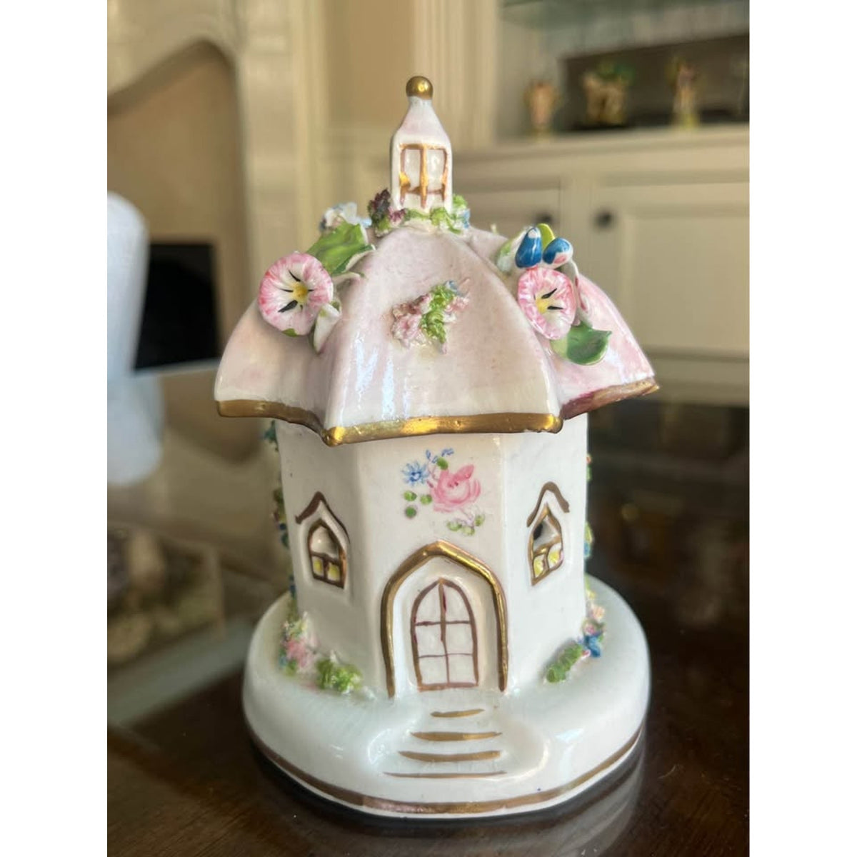 Vintage Staffordshire-Style Porcelain Cottage Pastille Burner with Applied Flowers