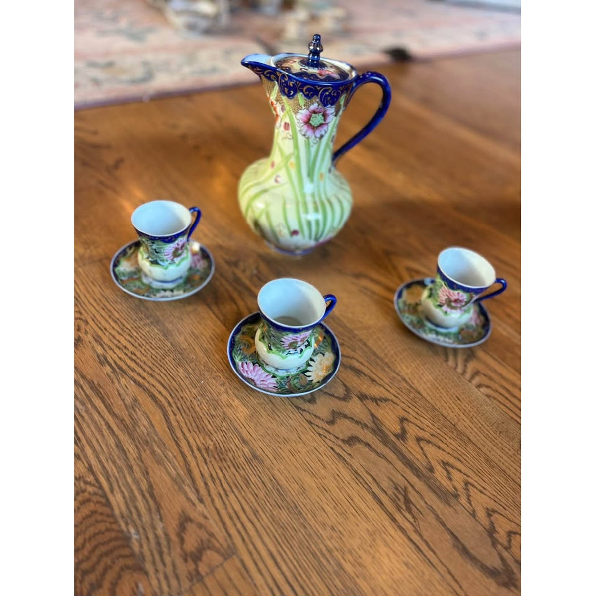 Nippon Hand Painted Cobalt Blue & Pink Flowers Pitcher with Three Cup & Saucers