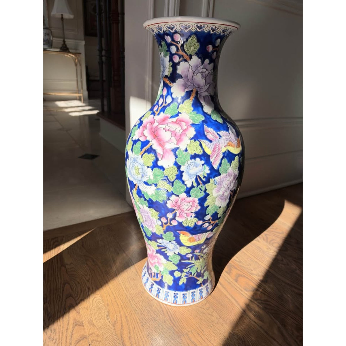 Pair of Chinese Cobalt Blue Porcelain Peony Bird Motif Fishtail Vases 25 inch