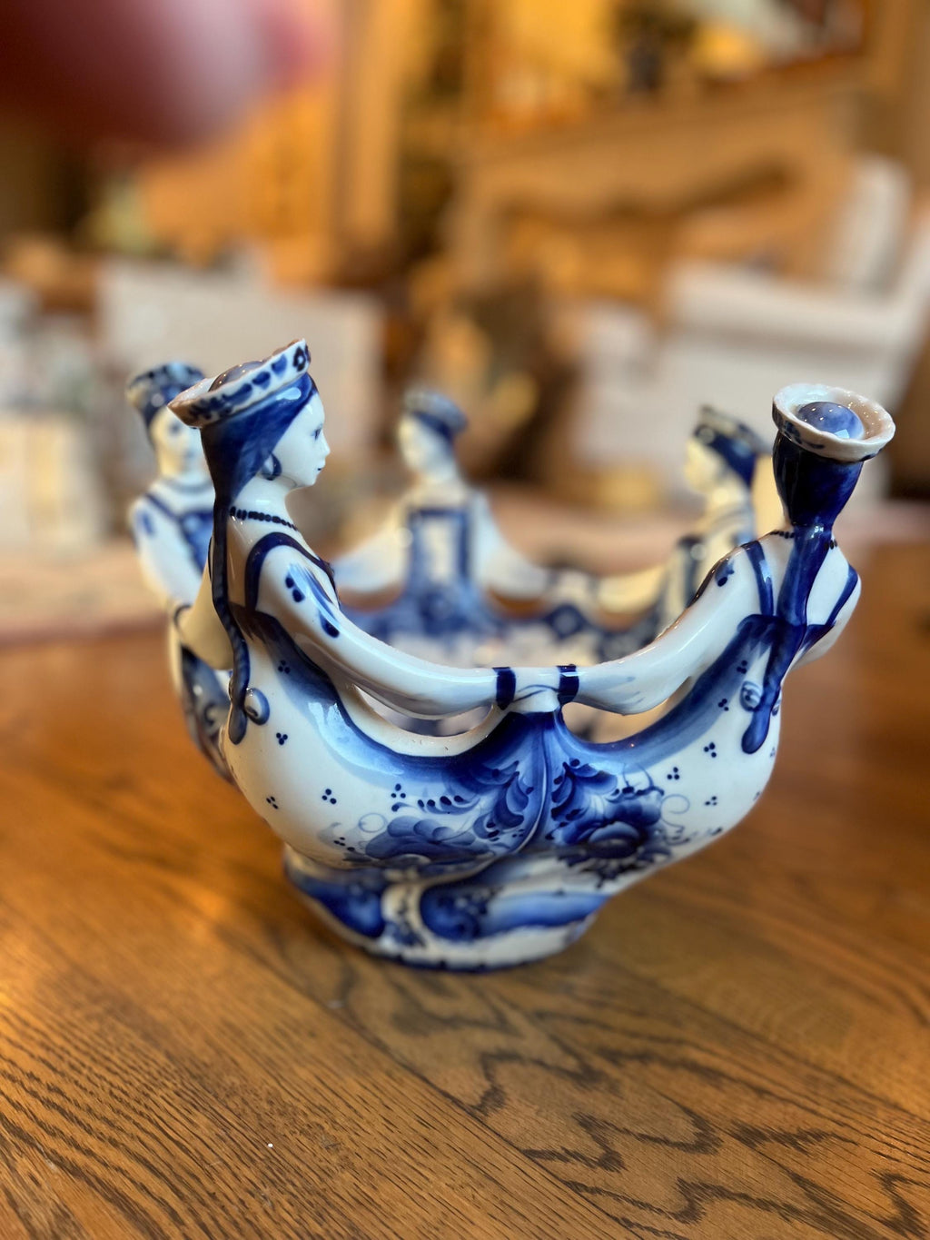 Vintage Russian Gzhel Porcelain Bowl | Hand-Painted Dancing Women, Blue Floral (12 Inch)