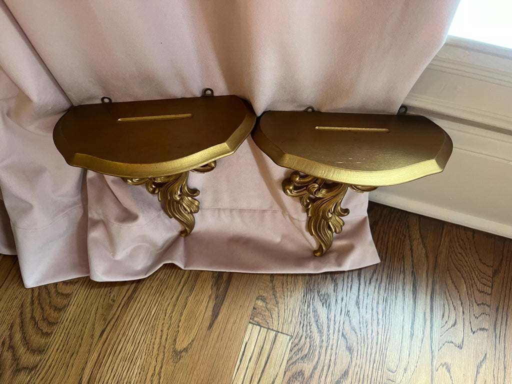 Pair Vintage Syroco Wood Gold Wall Shelve, Hollywood Regency