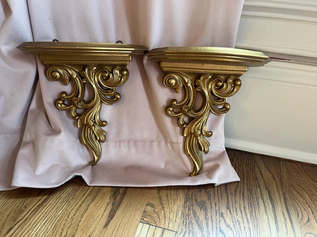 Pair Vintage Syroco Wood Gold Wall Shelve, Hollywood Regency