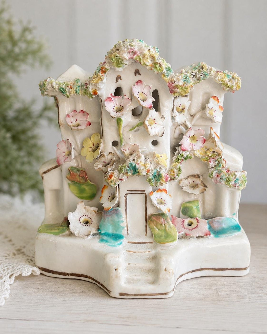 Antique Staffordshire Floral Cottage Pastille Burner, c. 1870