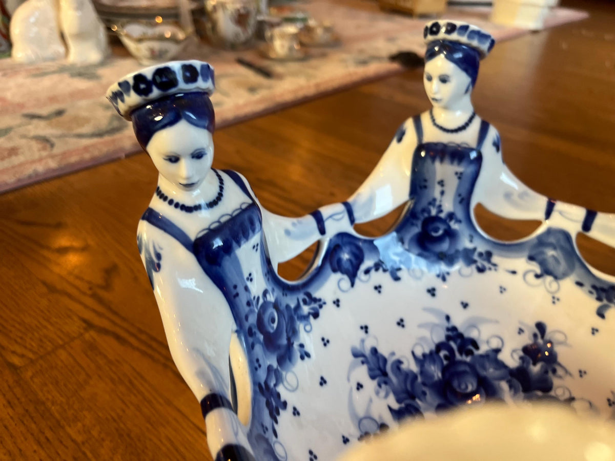 Vintage Russian Gzhel Porcelain Bowl | Hand-Painted Dancing Women, Blue Floral (12 Inch)