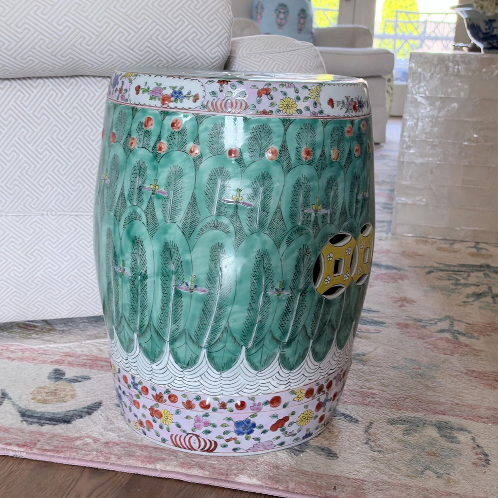 Chinese Famille Verte Bok Choy Garden Drum Stool with Coin Motif