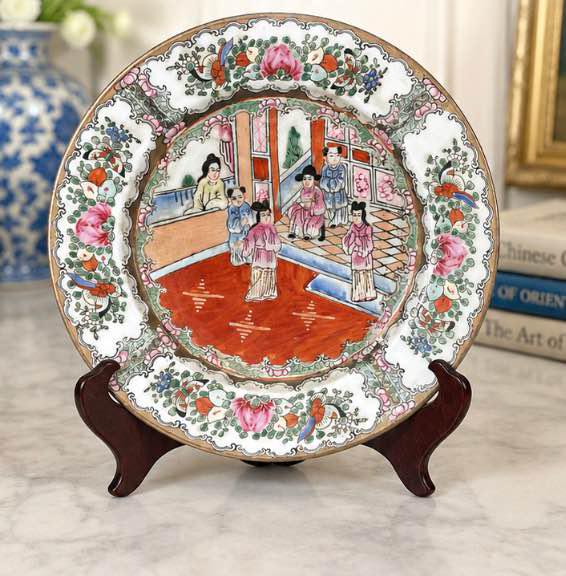 Vintage Chinese Famille Rose Court Scene Porcelain Plate, 10.5”