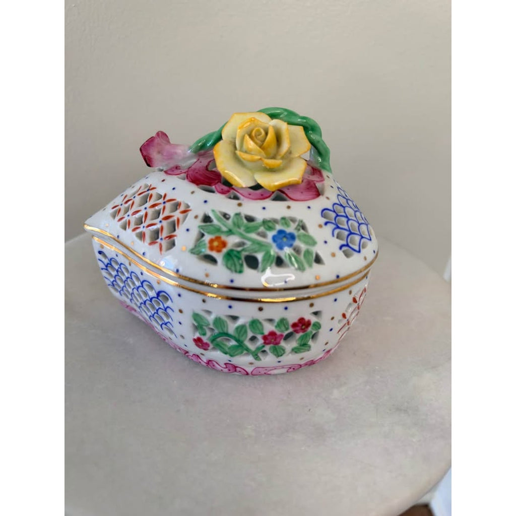 Vintage Reticulated Heart Shaped Porcelain Trinket Box
