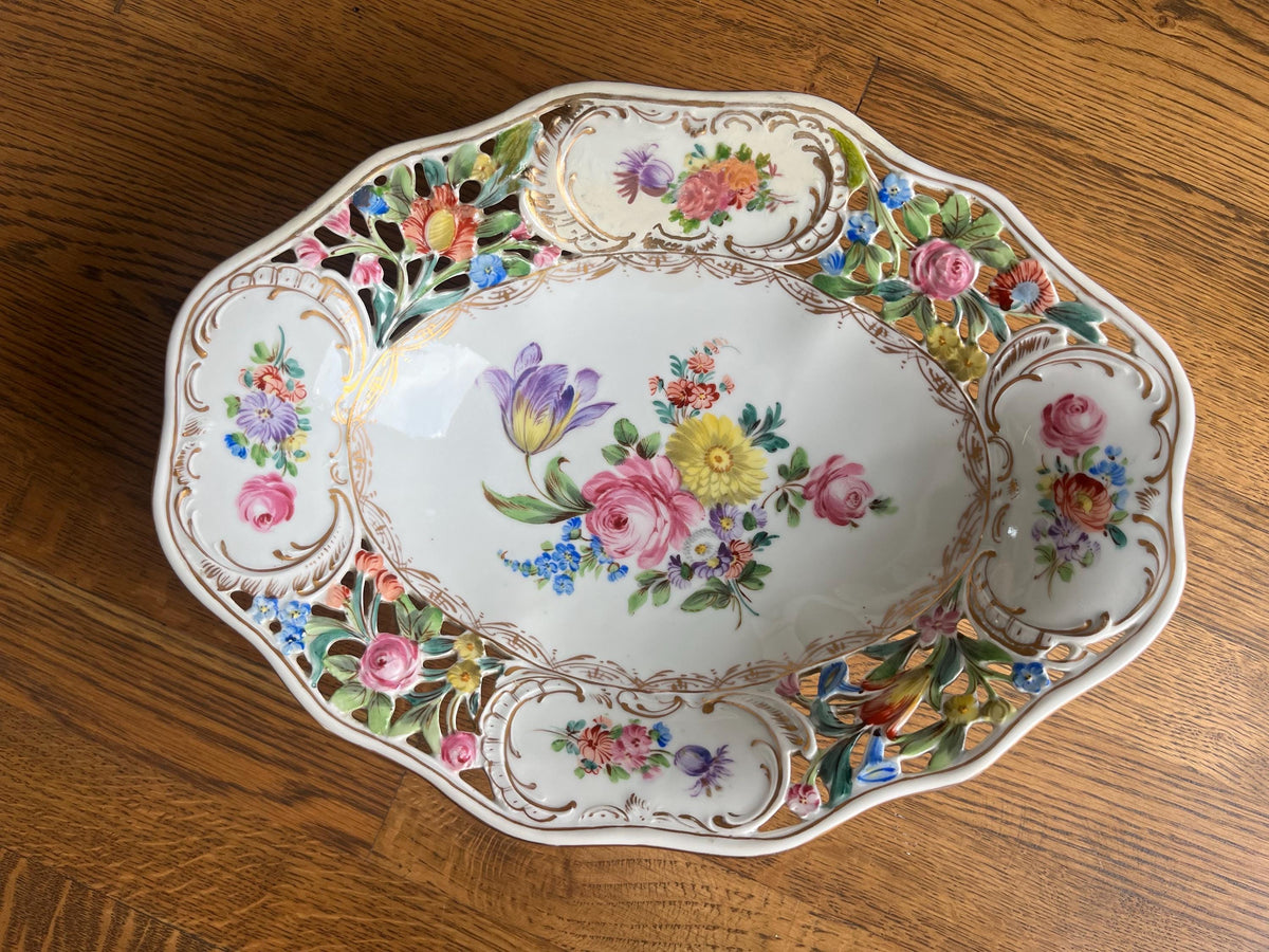 Antique Carl Thieme Dresden Porcelain Reticulated Compote Footed Bowl
