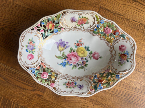 Antique Carl Thieme Dresden Porcelain Reticulated Compote Footed Bowl