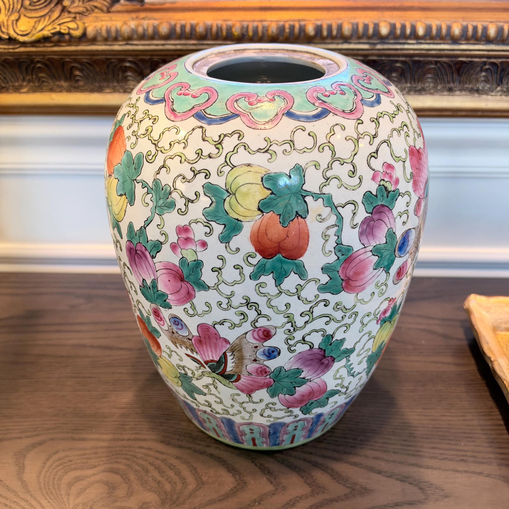 Chinese Porcelain Butterfly and Fruit Ginger Jar Temple Jar Chinoiserie