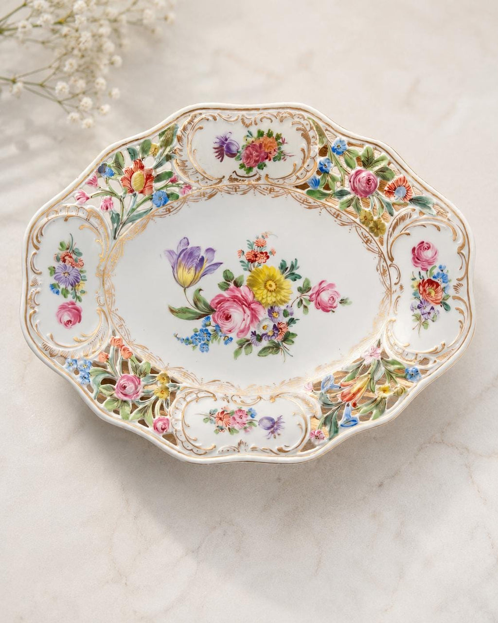 Antique Carl Thieme Dresden Porcelain Reticulated Compote Footed Bowl