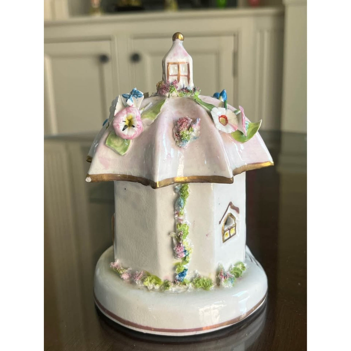 Vintage Staffordshire-Style Porcelain Cottage Pastille Burner with Applied Flowers