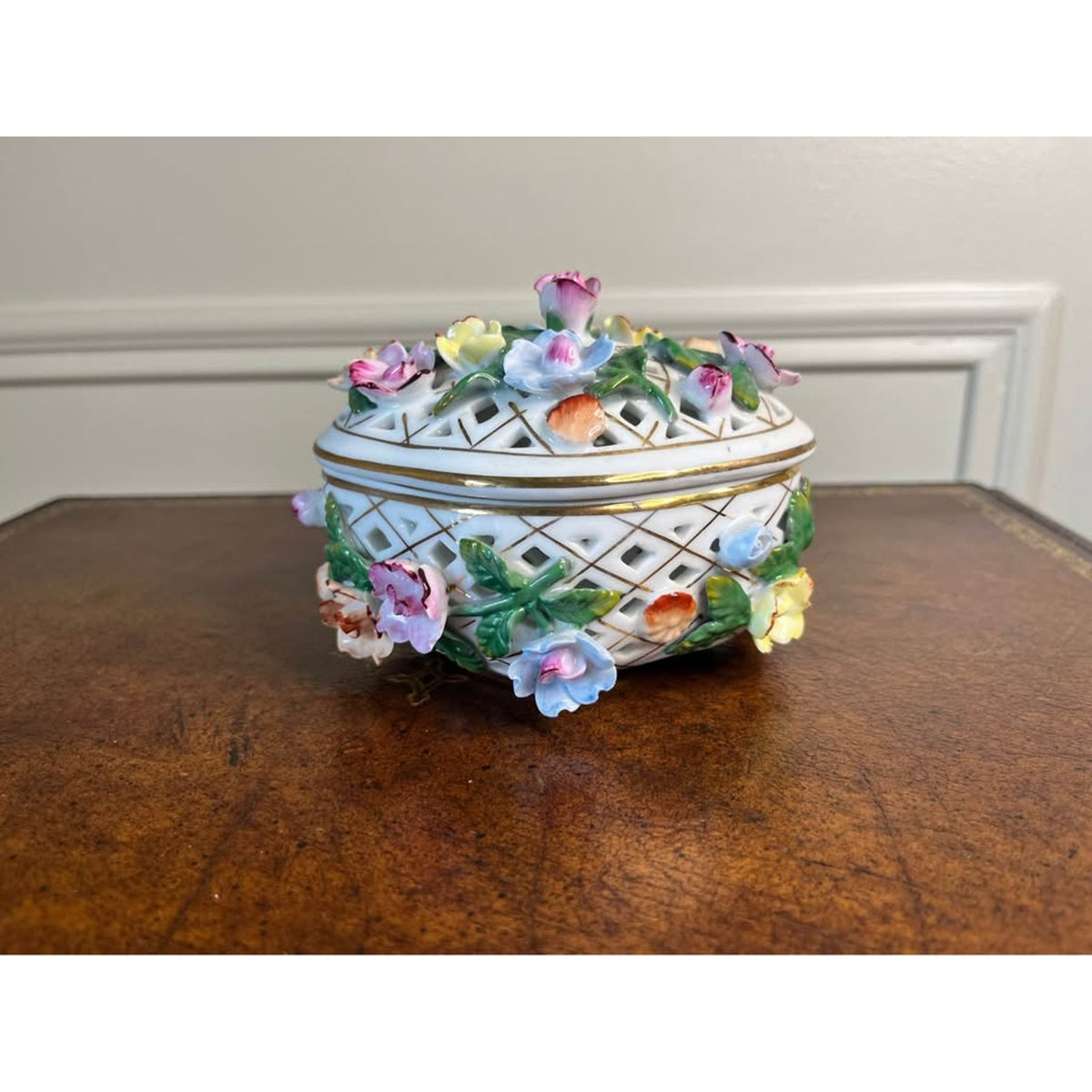 Vintage KPM-Marked Porcelain Floral Pierced Trinket Box