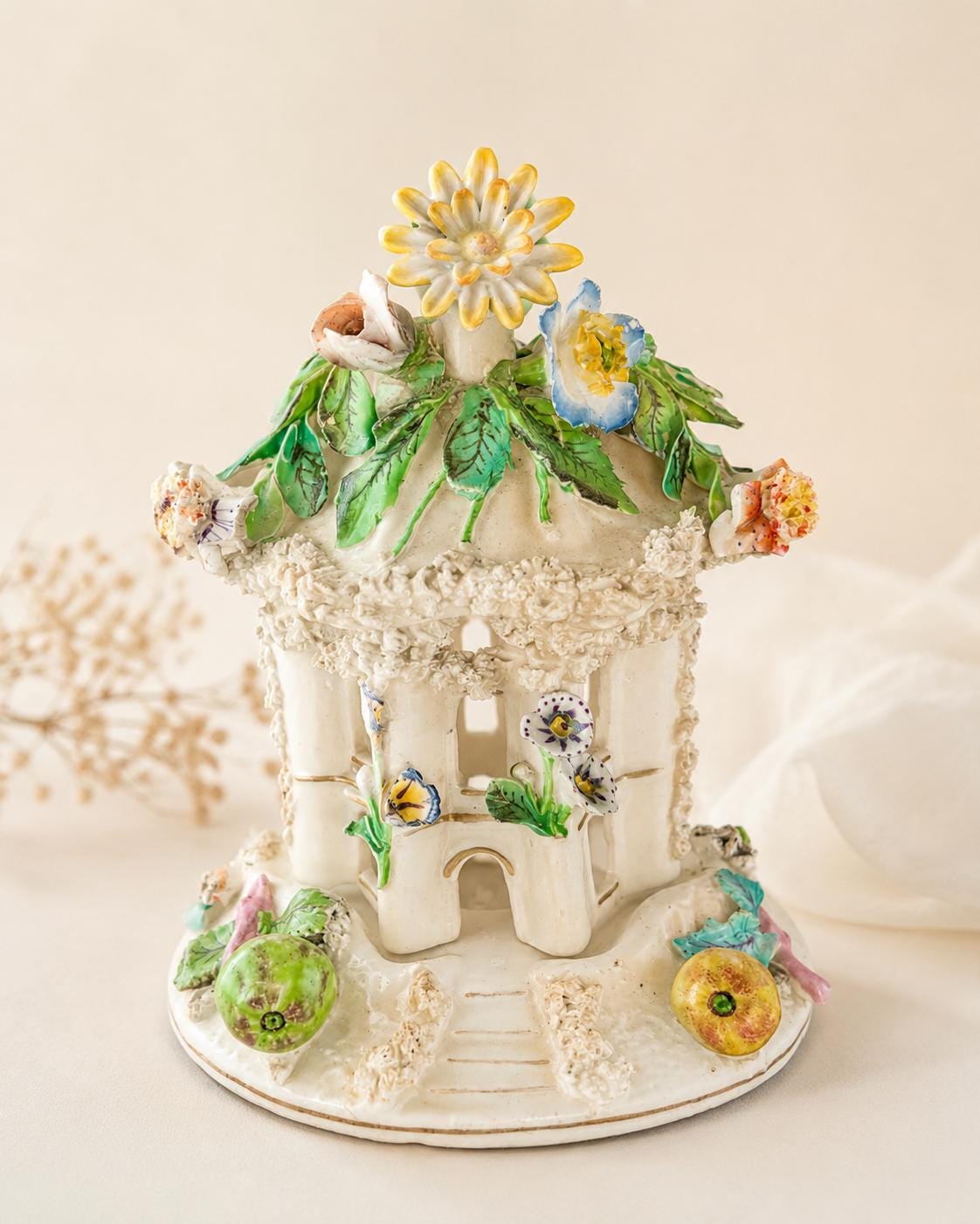 Antique Staffordshire Porcelain Pastille Burner Floral Cottage