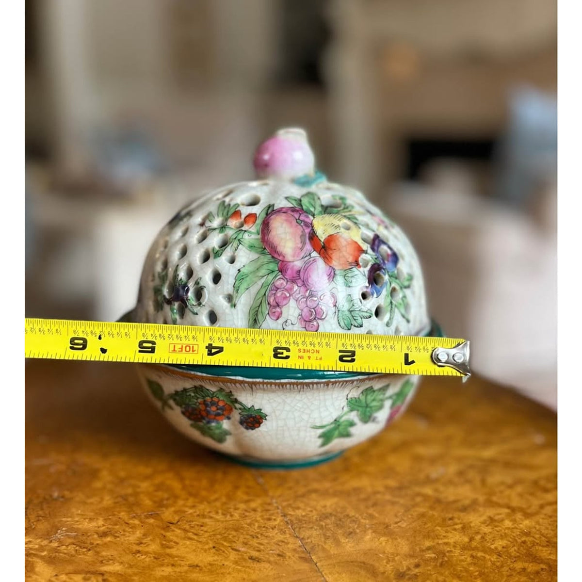 Vintage Chinoiserie Style Porcelain Potpourri Bowl with Fruit Pierced Lid