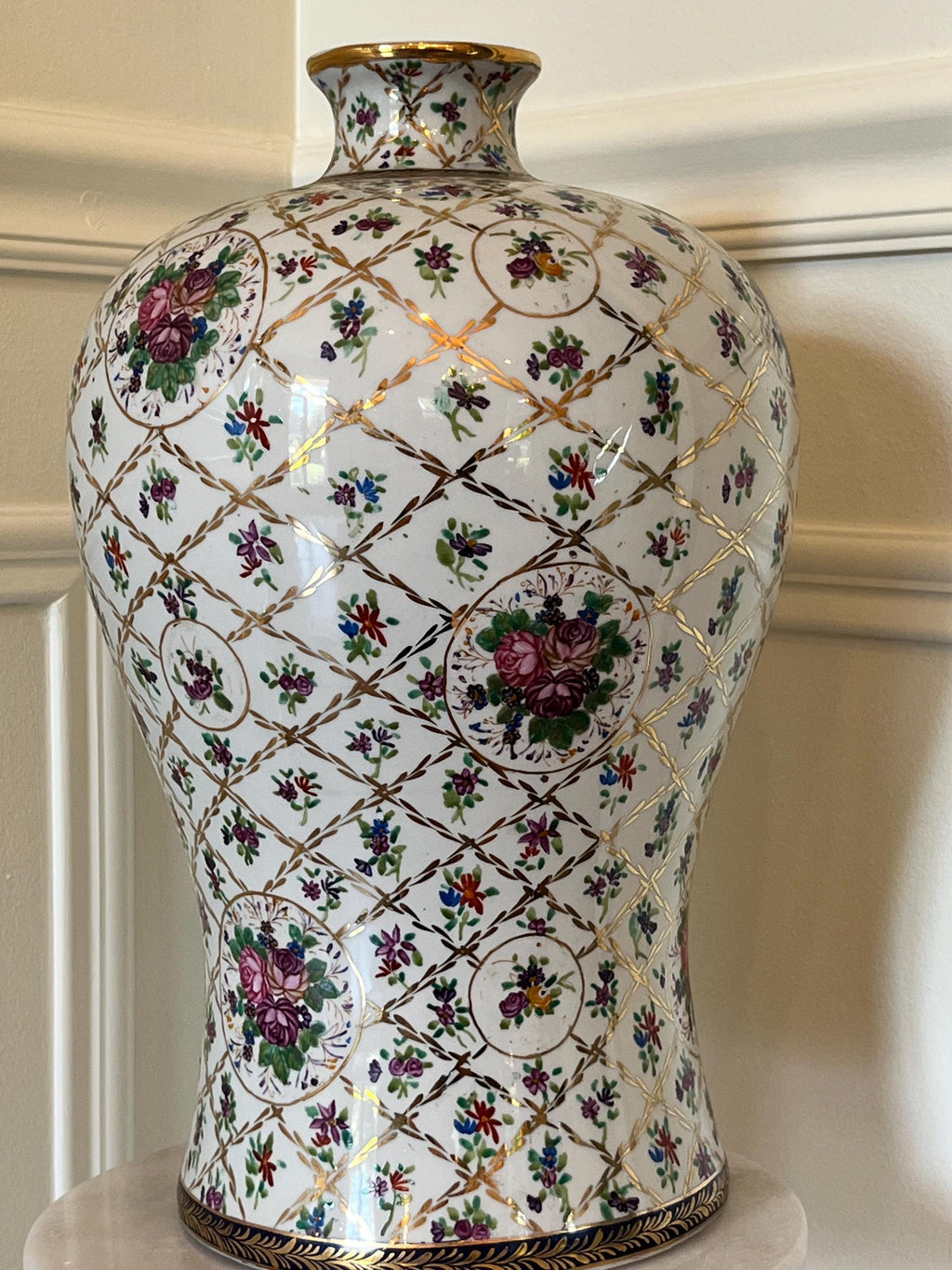 Large Hand-Painted Chinese Porcelain Floral Fish Tail Vase 15.5” French Style