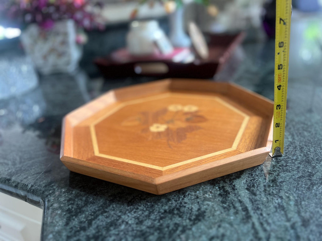 Vintage Strawberry Marquetry Wood Tray, 14” Octagonal