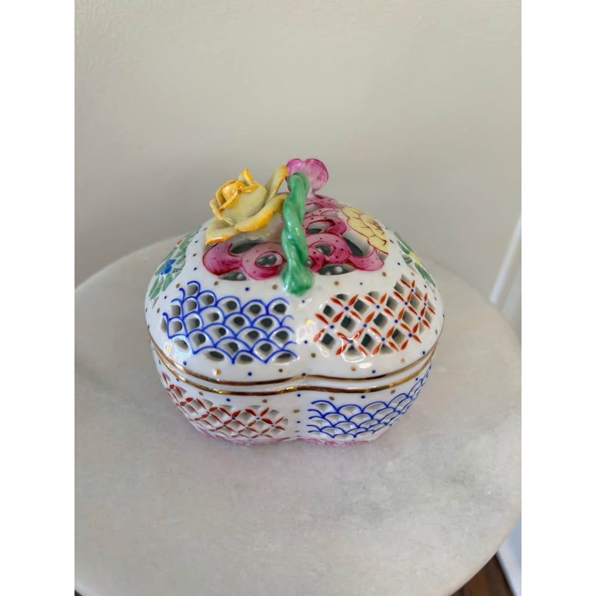 Vintage Reticulated Heart Shaped Porcelain Trinket Box
