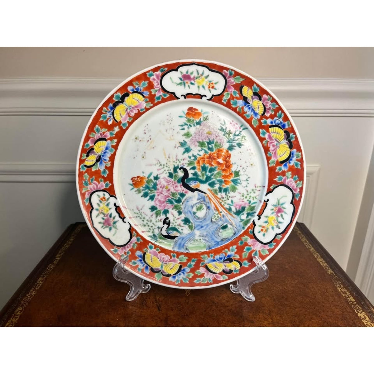 Pair Vintage Chinese Famille Rose Peacock & Floral Porcelain Plates
