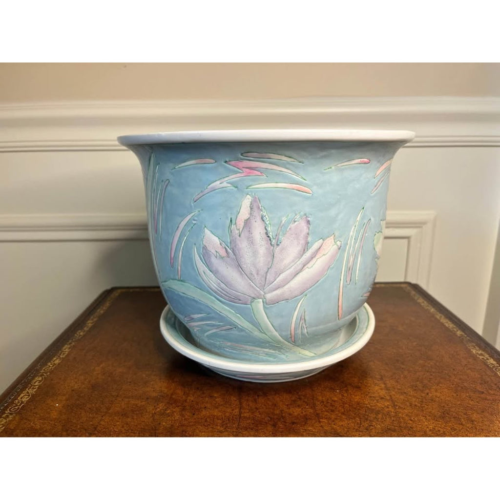 Vintage Pastel Blue Floral Ceramic Planter with Saucer