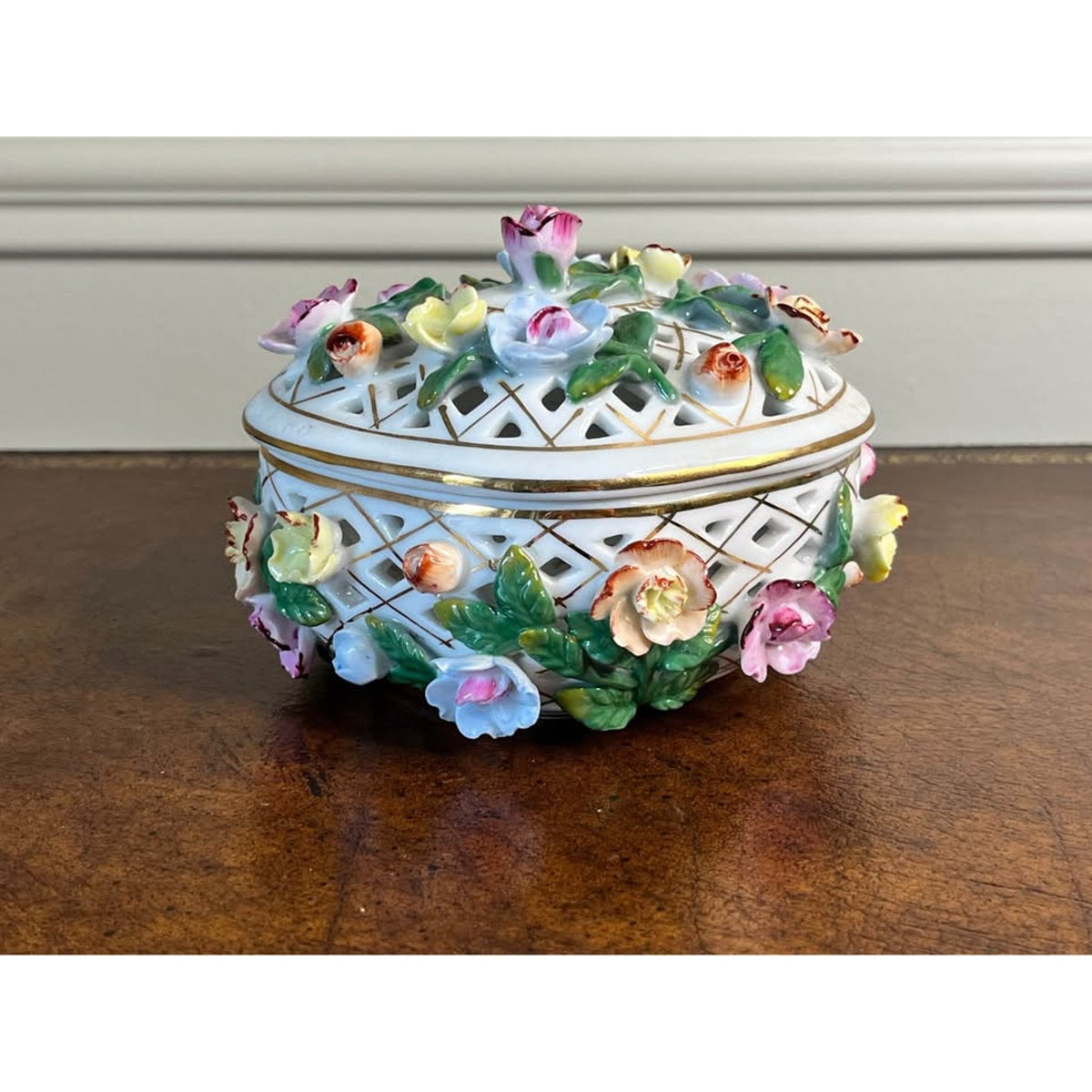 Vintage KPM-Marked Porcelain Floral Pierced Trinket Box