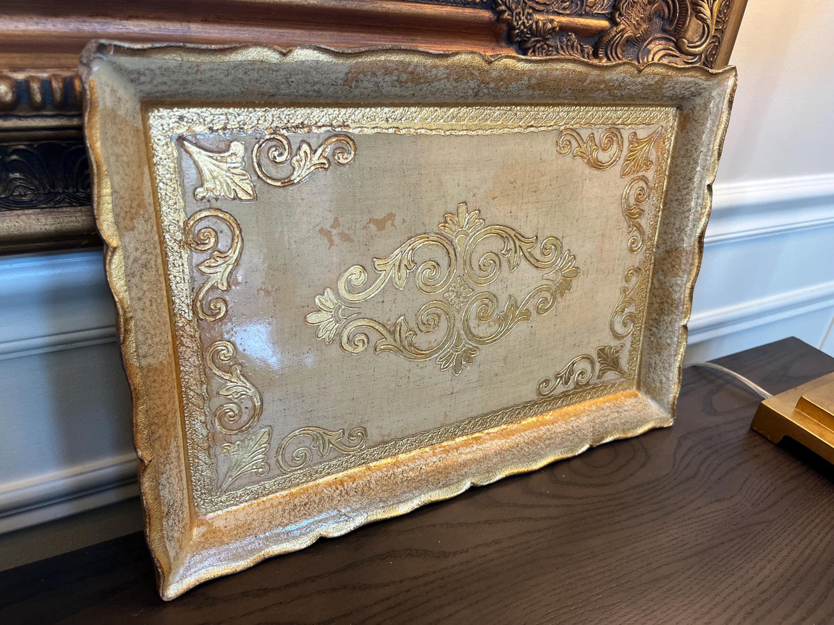 Vintage Florentine Style Gold White Decorative Tray