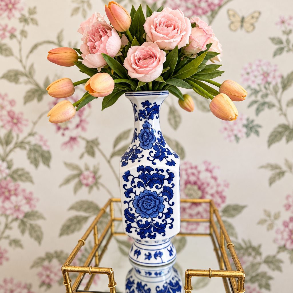 PAIR OF BLUE AND WHITE CHINOISERIE FLORAL VASES