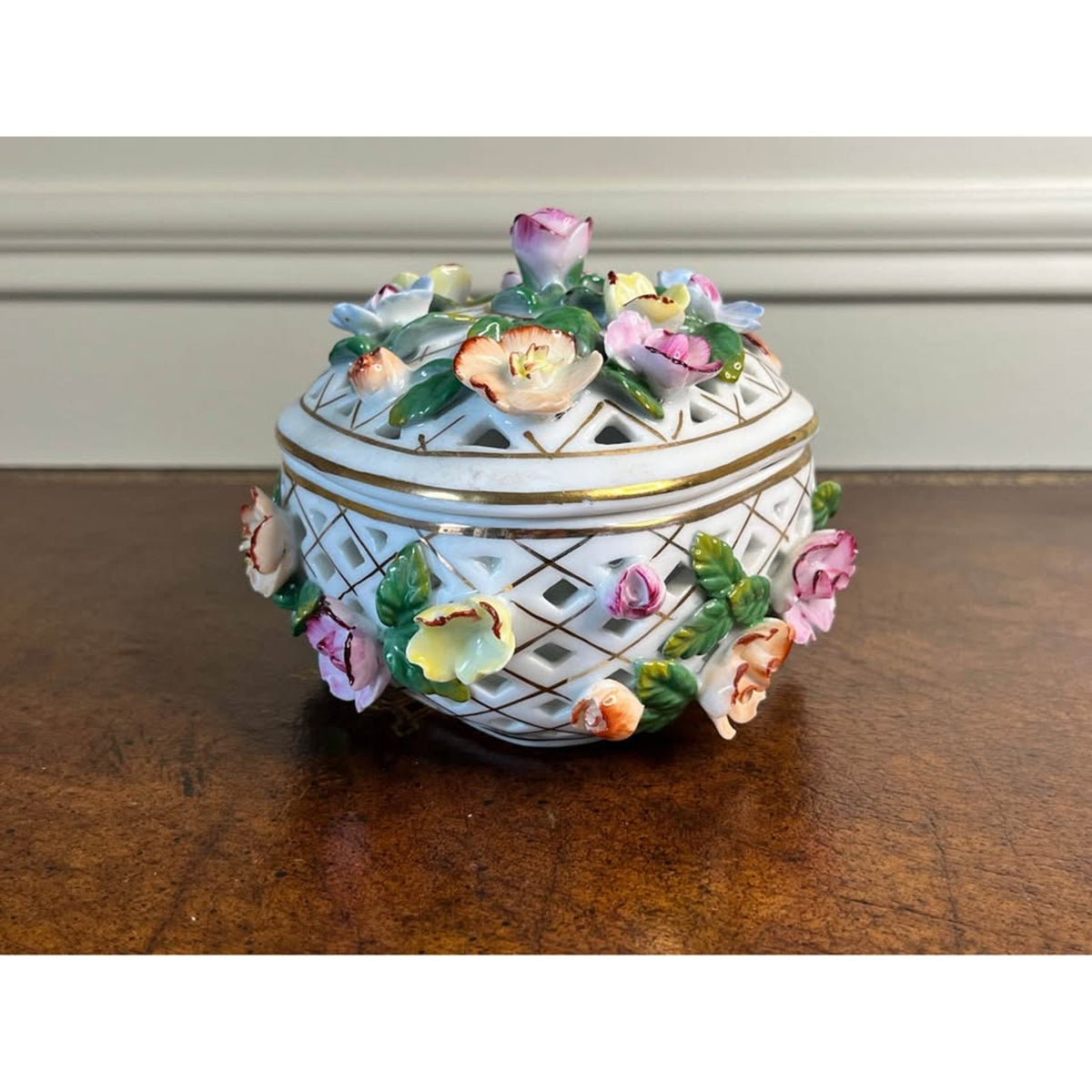 Vintage KPM-Marked Porcelain Floral Pierced Trinket Box