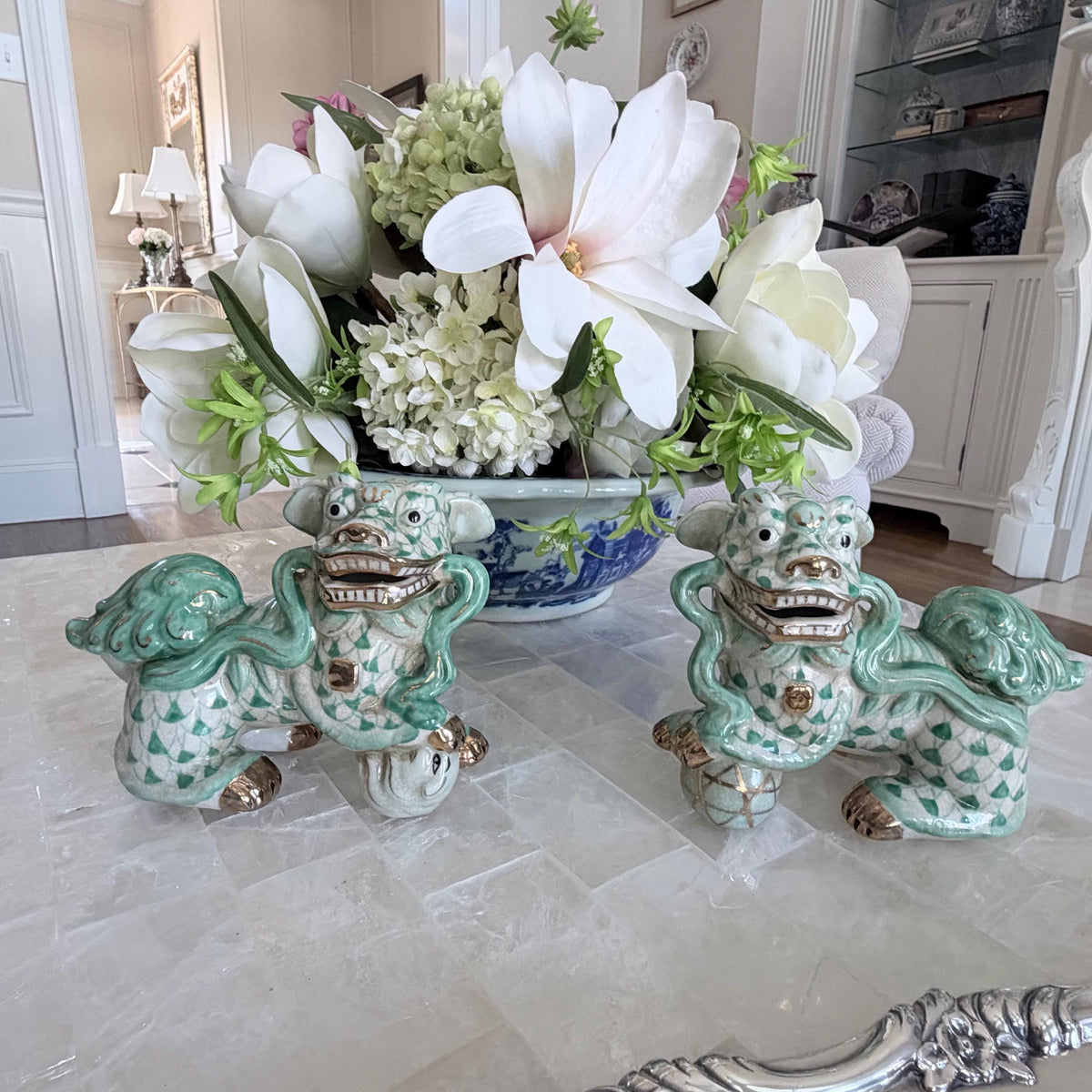 Teal and White Fishnet Fishscale Chinese Porcelain Foo Dog Figurine Pair Bookends
