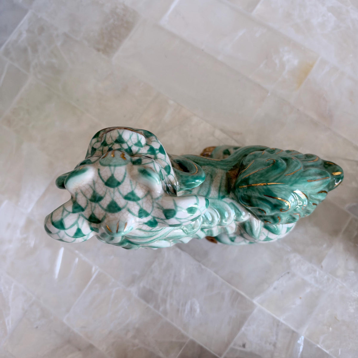 Teal and White Fishnet Fishscale Chinese Porcelain Foo Dog Figurine Pair Bookends