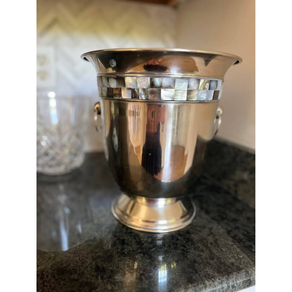 SILVER FINISH METAL WITH MOTHER OF PEARL INLAY CHAMPAGNE ICE BUCKET
