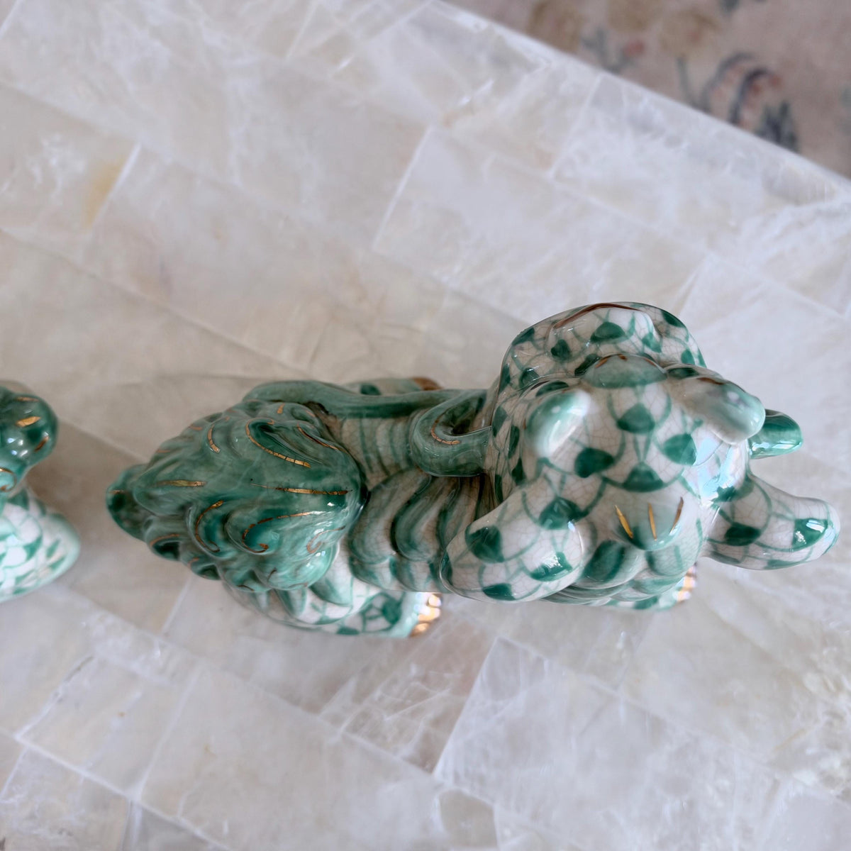 Teal and White Fishnet Fishscale Chinese Porcelain Foo Dog Figurine Pair Bookends